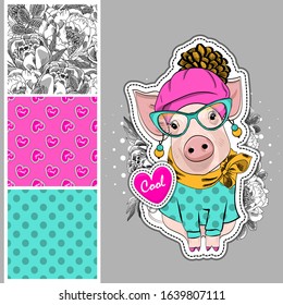 Set of vector seamless patterns with pretty dressed pig. Print on T-shirts, bags and and other fashion products. Design children's clothing and accessories.