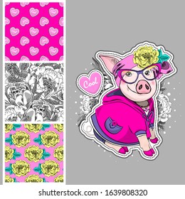 Set of vector seamless patterns with pretty dressed pig. Print on T-shirts, bags and and other fashion products. Design children's clothing and accessories.
