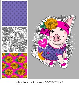 Set of vector seamless patterns with pretty dressed pig. Piggy with hat and scarf. Print on T-shirts, bags and and other fashion products. Design children's clothing and accessories.