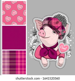 Set of vector seamless patterns with pretty dressed pig. Print on T-shirts, bags and and other fashion products. Design children's clothing and accessories.