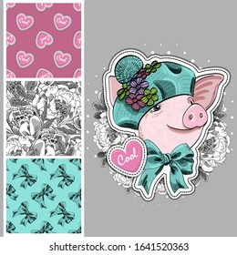 Set of vector seamless patterns with pretty dressed pig. Piggy with hat and scarf. Print on T-shirts, bags and and other fashion products. Design children's clothing and accessories.