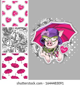 Set of vector seamless patterns with pretty dressed pig. Piggy with hat, glasses and umbrella. Print on T-shirts, bags and and other fashion products. Design children's clothing and accessories.