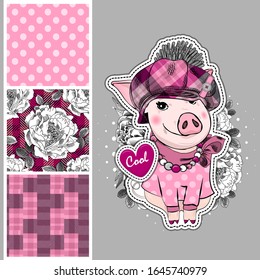 Set of vector seamless patterns with pretty dressed pig. Piggy with hat and scarf. Print on T-shirts, bags and and other fashion products. Design children's clothing and accessories.