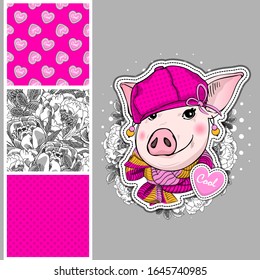 Set of vector seamless patterns with pretty dressed pig. Piggy with hat and scarf. Print on T-shirts, bags and and other fashion products. Design children's clothing and accessories.