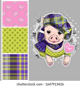 Set of vector seamless patterns with pretty dressed pig. Piggy with hat and scarf. Print on T-shirts, bags and and other fashion products. Design children's clothing and accessories.