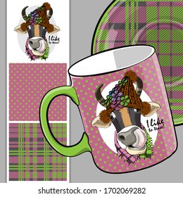 Set of vector seamless patterns with pretty dressed cow. Bull with hat and scarf. Print on T-shirts, cups and other fashion products. Design clothing and accessories.