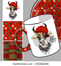 Set of vector seamless patterns with pretty dressed cow. Bull with hat and scarf. Print on T-shirts, cups and other fashion products. Design clothing and accessories.