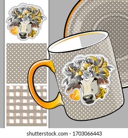 Set of vector seamless patterns with pretty dressed cow. Bull with wreath and scarf. Print on T-shirts, cups and other fashion products. Design clothing and accessories.