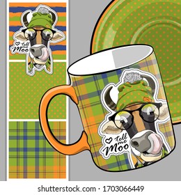 Set of vector seamless patterns with pretty dressed cow. Bull with hat and scarf. Print on T-shirts, cups and other fashion products. Design clothing and accessories.