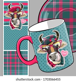 Set of vector seamless patterns with pretty dressed cow. Bull with hat and scarf. Print on T-shirts, cups and other fashion products. Design clothing and accessories.