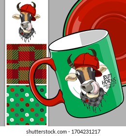 Set of vector seamless patterns with pretty dressed cow. Bull with hat and scarf. Print on T-shirts, cups and other fashion products. Design clothing and accessories.