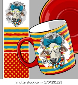 Set of vector seamless patterns with pretty dressed cow. Bull with wreath and scarf. Print on T-shirts, cups and other fashion products. Design clothing and accessories.