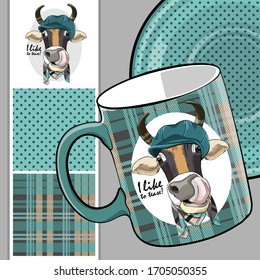 Set of vector seamless patterns with pretty dressed cow. Bull with hat and scarf. Print on T-shirts, cups and other fashion products. Design clothing and accessories.