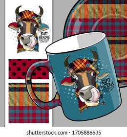 Set of vector seamless patterns with pretty dressed cow. Bull with hat and scarf. Print on T-shirts, cups and other fashion products. Design clothing and accessories.