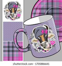 Set of vector seamless patterns with pretty dressed cow. Bull with hat and scarf. Print on T-shirts, cups and other fashion products. Design clothing and accessories.