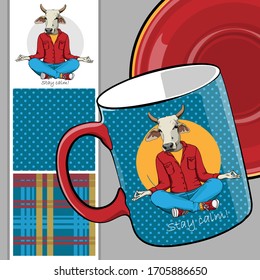 Set of vector seamless patterns with pretty dressed cow. Bull-yogi. Print on T-shirts, cups and other fashion products. Design clothing and accessories.
