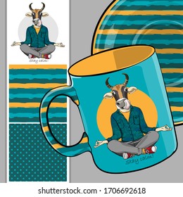 Set of vector seamless patterns with pretty dressed cow. Bull-yogi. Print on T-shirts, cups and other fashion products. Design clothing and accessories.