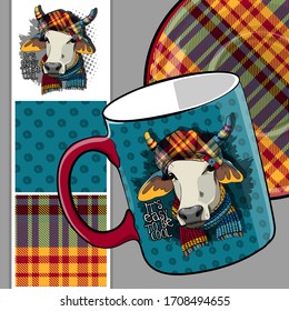 Set of vector seamless patterns with pretty dressed cow. Bull with hat and scarf. Print on T-shirts, cups and other fashion products. Design clothing and accessories.