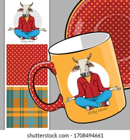 Set of vector seamless patterns with pretty dressed cow. Bull-yogi. Print on T-shirts, cups and other fashion products. Design clothing and accessories.