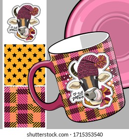 Set of vector seamless patterns with pretty dressed cow. Bull with hat and scarf. Print on T-shirts, cups and other fashion products. Design clothing and accessories.