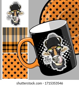 Set of vector seamless patterns with pretty dressed cow. Bull with glasses, hat and scarf. Print on T-shirts, cups and other fashion products. Design clothing and accessories.