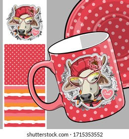 Set of vector seamless patterns with pretty dressed cow. Bull with glasses, hat and scarf. Print on T-shirts, cups and other fashion products. Design clothing and accessories.