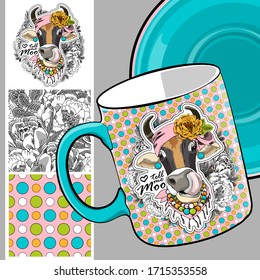 Set of vector seamless patterns with pretty dressed cow. Bull with hat and scarf. Print on T-shirts, cups and other fashion products. Design clothing and accessories.