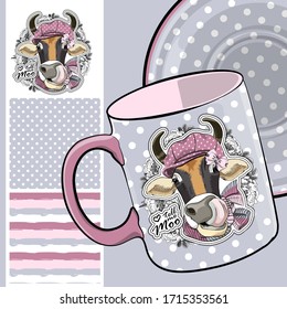 Set of vector seamless patterns with pretty dressed cow. Bull with hat and scarf. Print on T-shirts, cups and other fashion products. Design clothing and accessories.