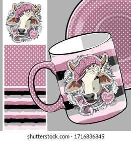 Set of vector seamless patterns with pretty dressed cow. Bull with hat and scarf. Print on T-shirts, cups and other fashion products. Design clothing and accessories.