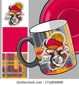 Set of vector seamless patterns with pretty dressed cow. Bull with glasses, hat and scarf. Print on T-shirts, cups and other fashion products. Design clothing and accessories.