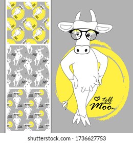Set of vector seamless patterns with pretty cow. Bull with glasses. Print on T-shirts, cups and other fashion products. Design clothing and accessories.