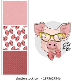 Set of vector seamless patterns with pretty dressed pig. Piggy with glasses and bow. Print on T-shirts, bags and and other fashion products. Design children's clothing and accessories.
