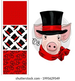 Set of vector seamless patterns with pretty dressed pig. Piggy with silk hat and scarf. Print on T-shirts, bags and and other fashion products. Design children's clothing and accessories.