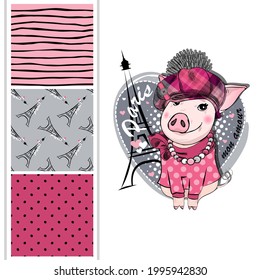 Set of vector seamless patterns with pretty dressed pig in Paris. Funny piggy with hat and Eiffel Tower. Inscription. Paris is my love! Print on T-shirts, bags and and other fashion products.