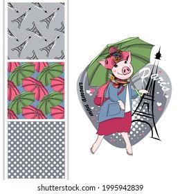 Set of vector seamless patterns with pretty dressed pig with hat and umbrella in Paris. Inscription. Paris is my love! Print on T-shirts, bags and and other fashion products.