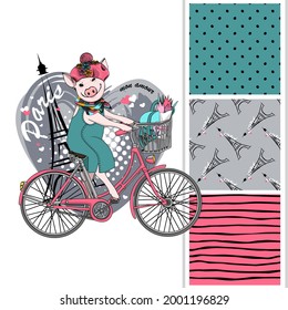 Set of vector seamless patterns with pretty dressed pig. Piggy-girl rides a bicycle in Paris. Paris is my love! Print on T-shirts, bags and other fashion products.