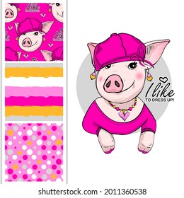 Set of vector seamless patterns with pretty dressed pig. Print on T-shirts, bags and and other fashion products. Design children's clothing and accessories.