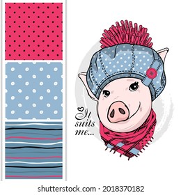 Set of vector seamless patterns with pretty dressed pig. Print on T-shirts, bags and and other fashion products. Design children's clothing and accessories.