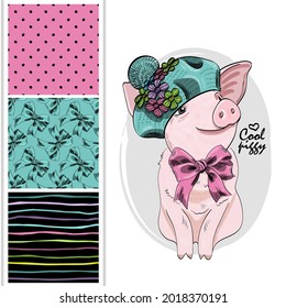 Set of vector seamless patterns with pretty dressed pig. Print on T-shirts, bags and and other fashion products. Design children's clothing and accessories.