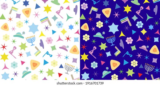Set of vector seamless patterns with purim holiday symbols on dark blue or white background. Cute design for purimspiel, holiday card, poster, flyer.