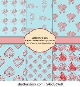 Set vector seamless patterns. Red color. Endless texture can be used for printing onto fabric and paper or scrap booking. Valentines day background for invitation.