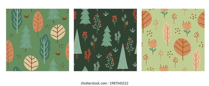Set of vector seamless patterns Scandinavian styled seasonal forest 