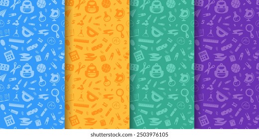 Set Vector seamless patterns with school supplies. Back to school. Set of Vertical Patterns with Stationery. Bright seamless banners with school and education concept. Back to school vector poster set