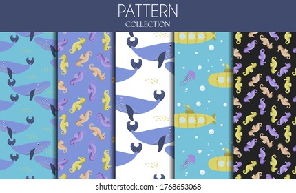 A set of vector seamless patterns with sea animals and the underwater world. Cute cartoon flat illustrations for background or children s illustrations. Blue whale, jellyfish, submarine, seahorse and