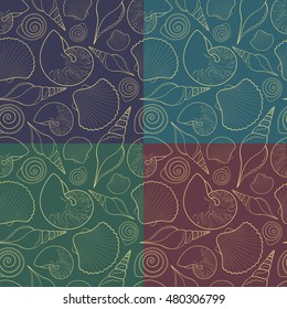 Set of vector seamless patterns with shells. 