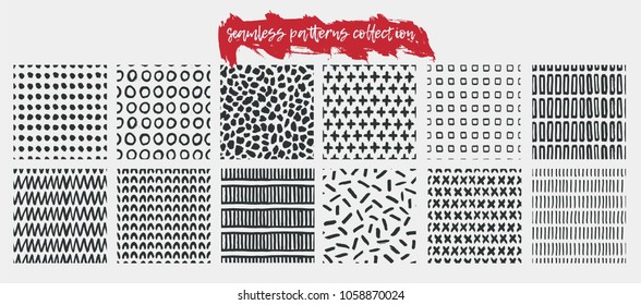 Set of vector seamless patterns with simple ornaments. Black and white colors. Creative backgrounds for print, textile, wear, magazines, template, card, poster, flyer design, brochure.