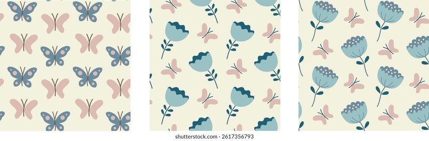 Set of vector seamless patterns with a simple flowers and butterflies. Summer floral wallpaper collection in a flat style. Repeat texture for textile or wrapping paper.