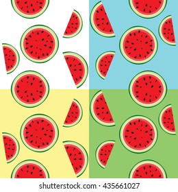 Set of vector seamless patterns with slice of watermelon on a multicolored backgrounds