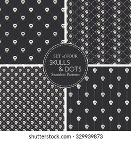 Set of vector seamless patterns with small white skulls and dotted lines on a black background. Minimalistic black-and-white endless backdrop with death symbols