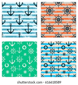 Set of vector seamless patterns. Steering wheel, life preserver, anchor, rope. Creative geometric backgrounds, nautical theme. Graphic illustration with attrition, cracks and ambrosia.